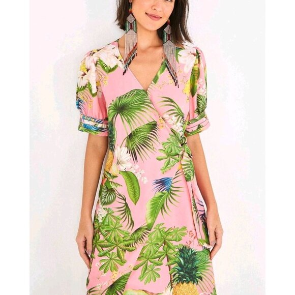 FARM Rio Bahia Floral Pink Green Wrap Midi Dress Sz (M) Boho Tropical Resortwear - Picture 1 of 10